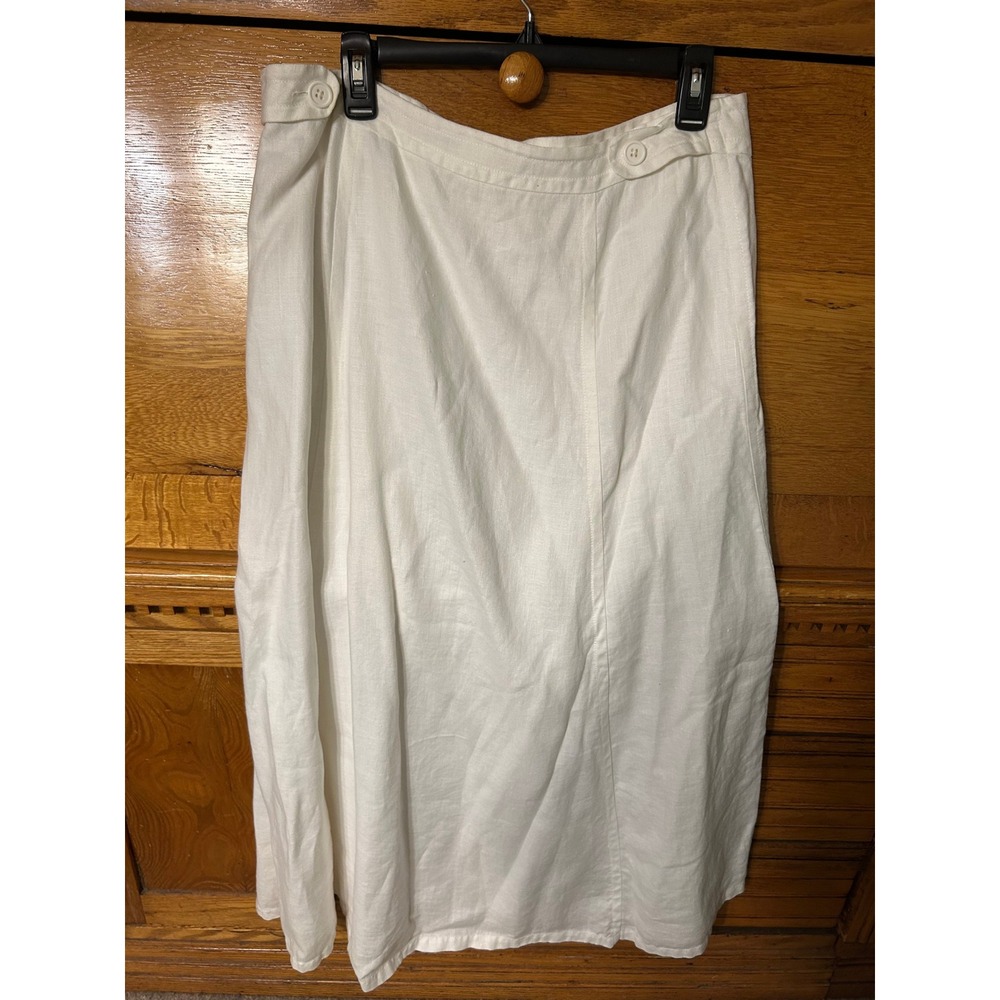 H&M White 100% Linen Lagenlook Midi Skirt Size 14 A-Line Lined Summer Classic - Picture 2 of 16